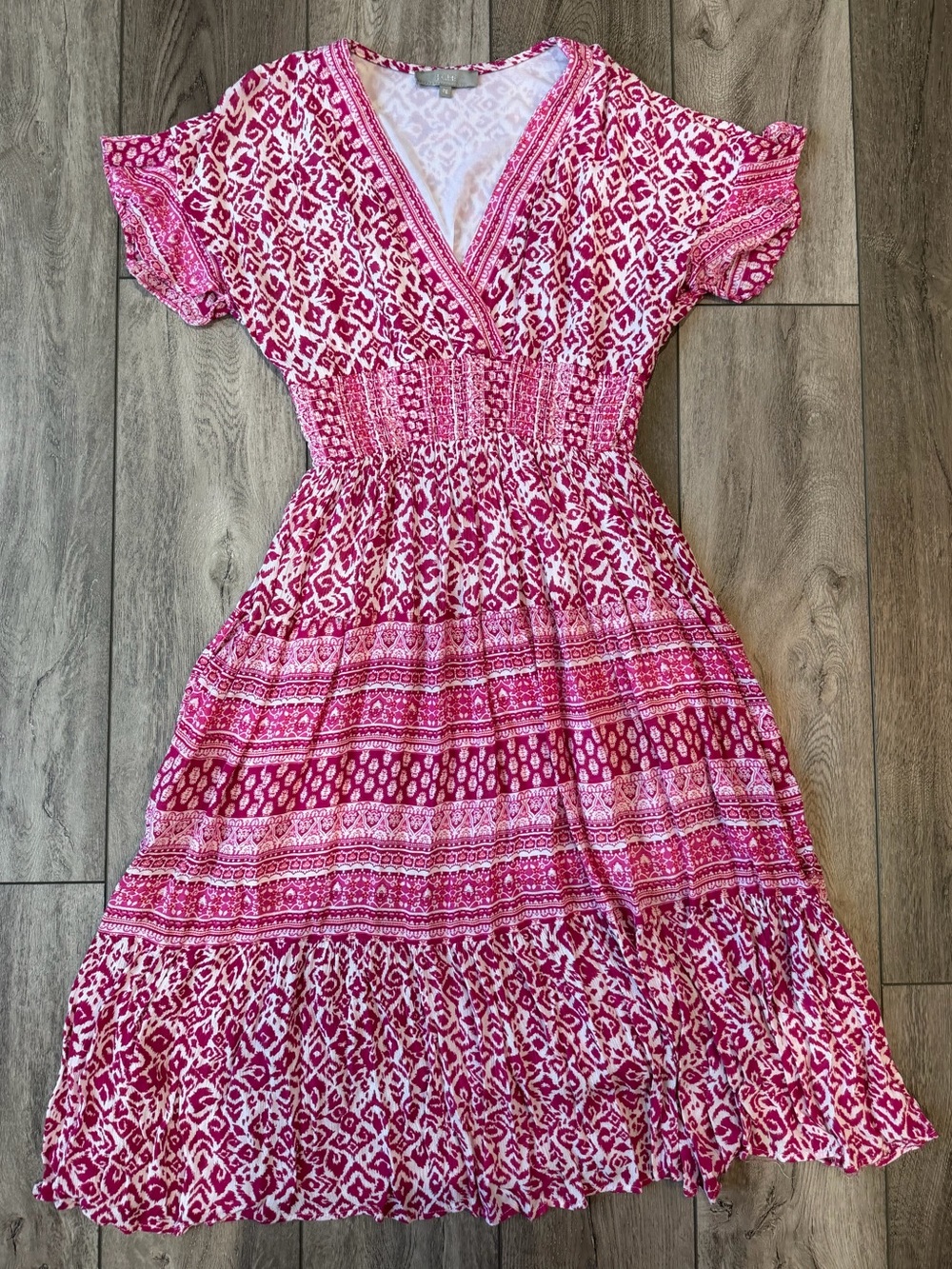J. Gee- Pink Floral Patterned Bohemian V-Neck Smocked Waist Midi Dress (SP)